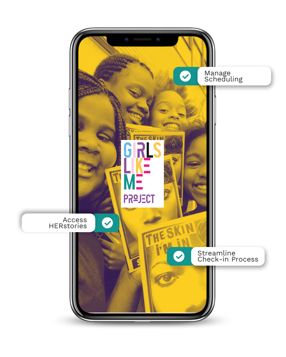 Mobile app mockup for the Girls Like Me app.