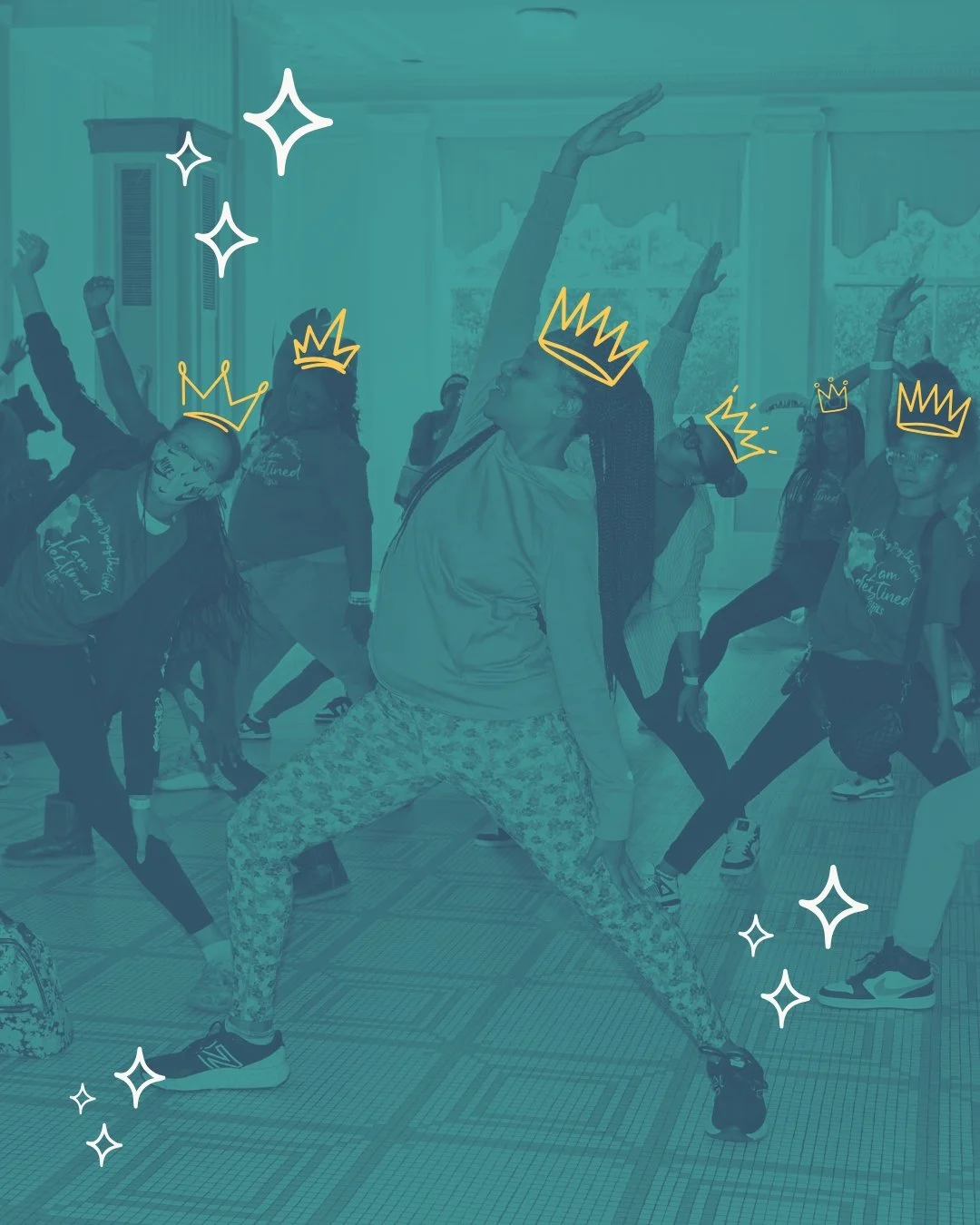 Group of children participating in a dance class, with some wearing crown doodles overlay.