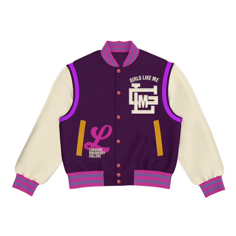Girls Like Me purple letterman jacket.