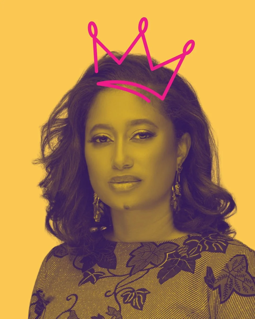 A woman with curly hair, wearing a floral-patterned top and earrings, has a pink crown drawn above her head on a yellow background.