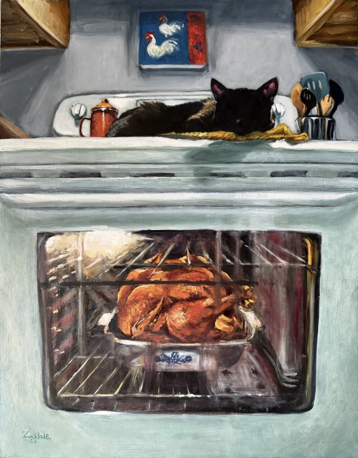 "He's Got It Covered" oil on birch cradle board gallery width. 18inx14in. 