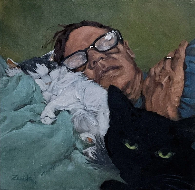 "Cat Nap" oil on birch cradleboard. 8in x 8in.