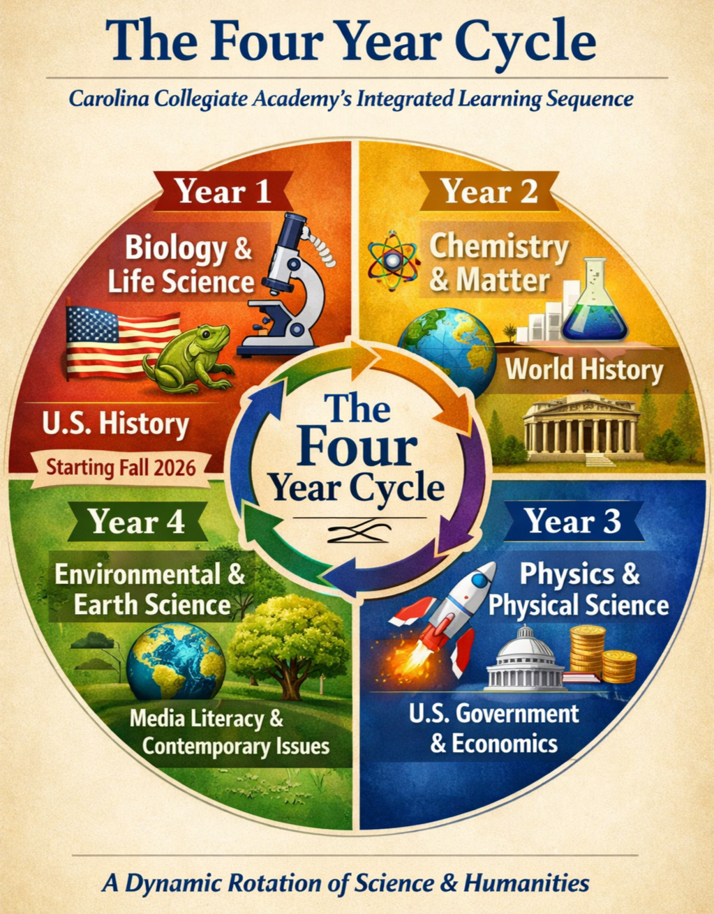 Chart illustrating the four-year academic cycle at Carolina Collegiate Academy, with each year focusing on different subjects: Year 1 - Biology & Life Science, Year 2 - Chemistry & Matter and World History, Year 3 - Physics & Physical Science and U.S. Government & Economics, Year 4 - Environmental & Earth Science and Media Literacy & Contemporary Issues, featuring relevant images like a microscope, globe, rocket, and historical building.
