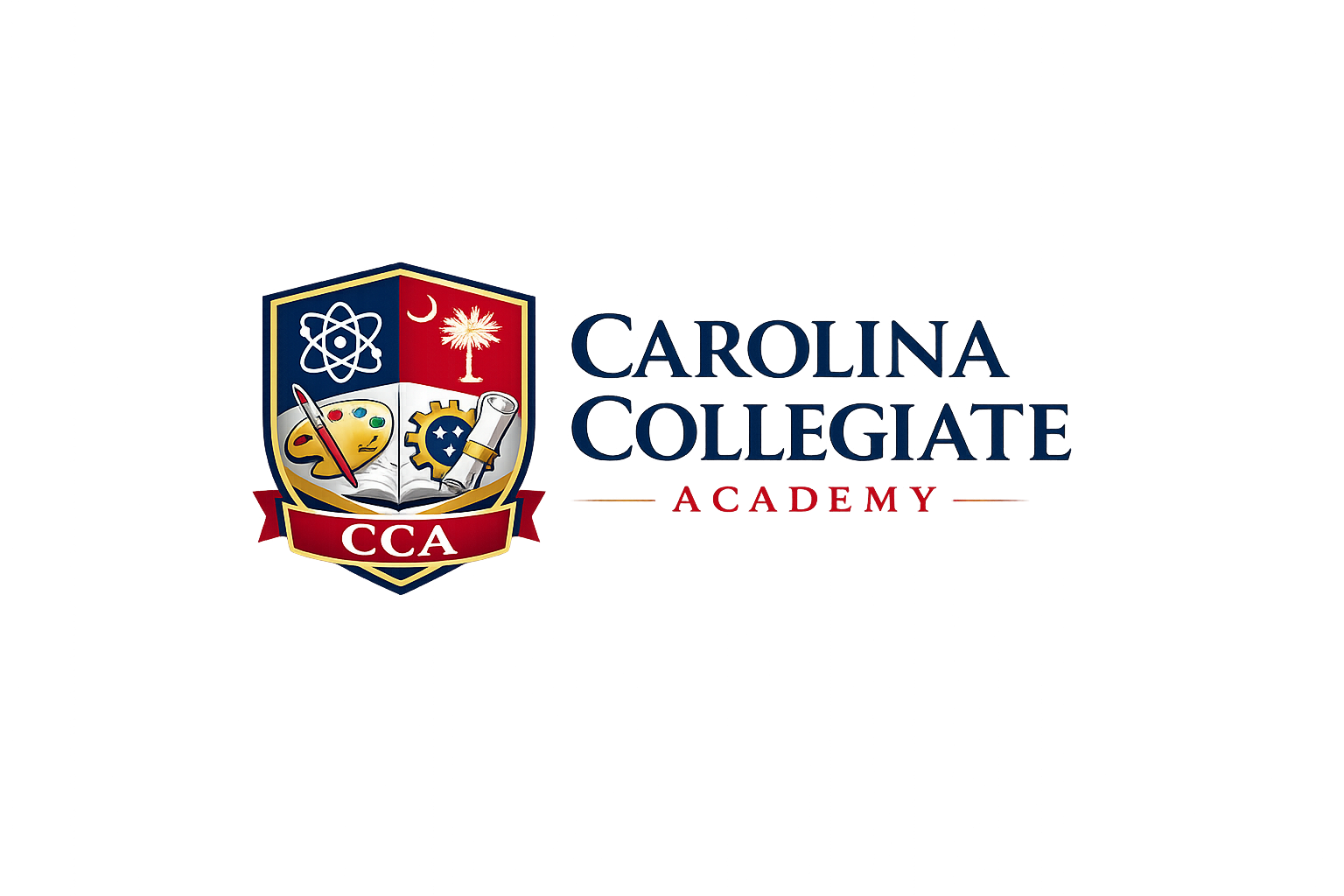 Logo of Carolina Collegiate Academy, featuring a shield with a molecule, crescent moon, palm tree, art palette, gear, and scroll, with the acronym 'CCA' and the words 'Carolina Collegiate' and 'Academy' beside it.