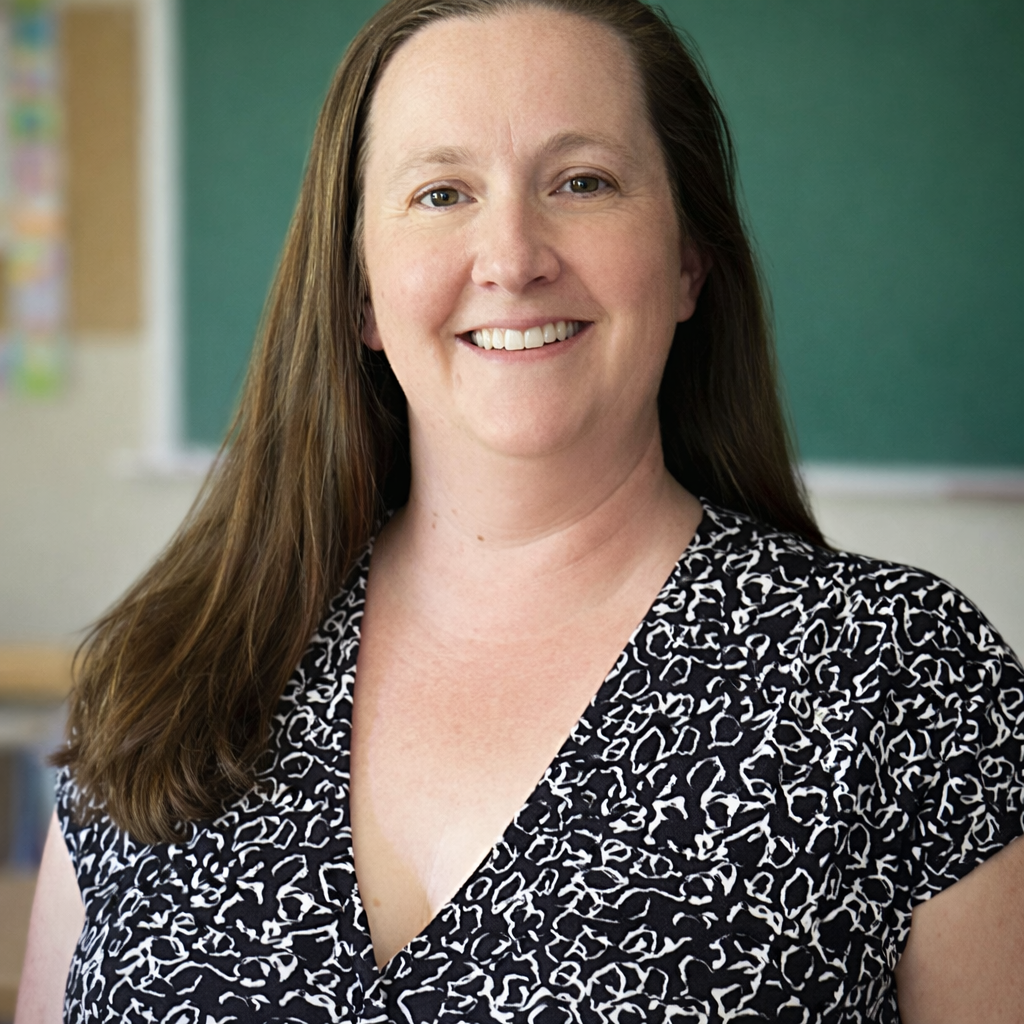 A smiling woman with long brown hair and light skin, wearing a black and white patterned blouse, standing in front of a green chalkboard in a classroom setting.