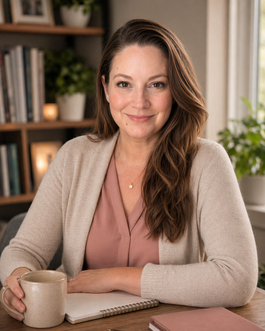 Raleigh Taylor smiling at a desk with a coffee mug and notebook.
