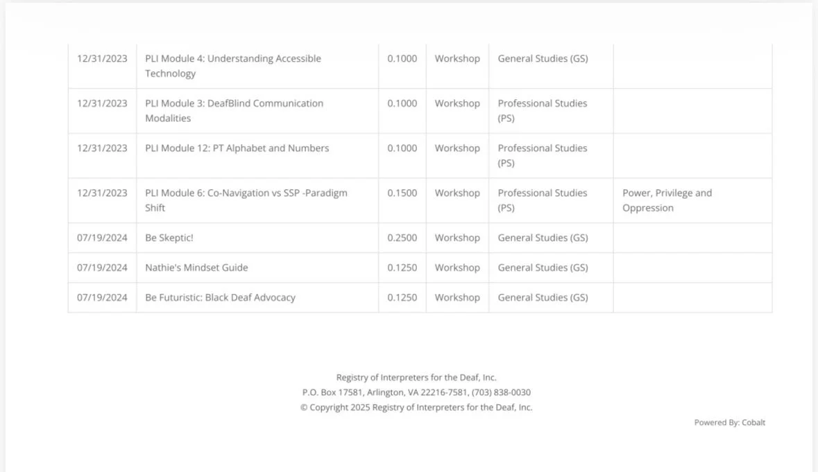 A schedule of upcoming workshops and training modules related to sign language, deaf communication, and advocacy, including dates from December 2023 to July 2024, with details about topics, formats, and categories.