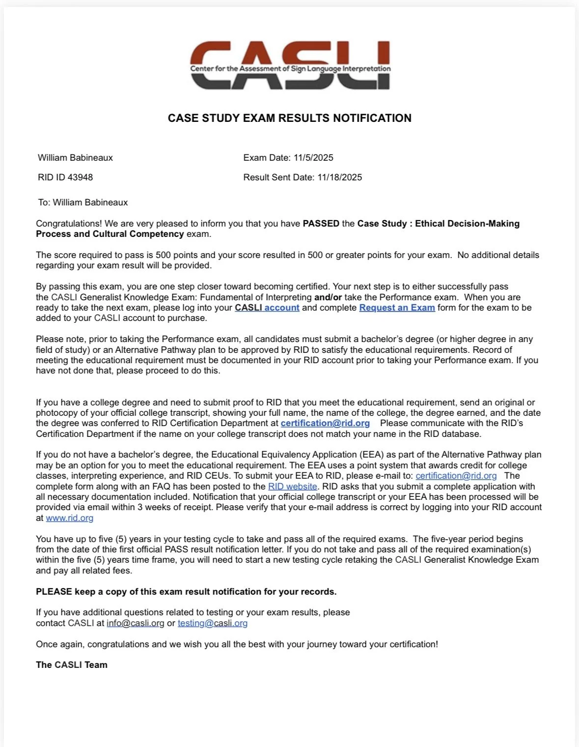 CASLI logo at the top of the document, followed by a notification about a case study exam result indicating a pass, with details about the exam date, result date, candidate's name, and instructions for next steps and record-keeping.