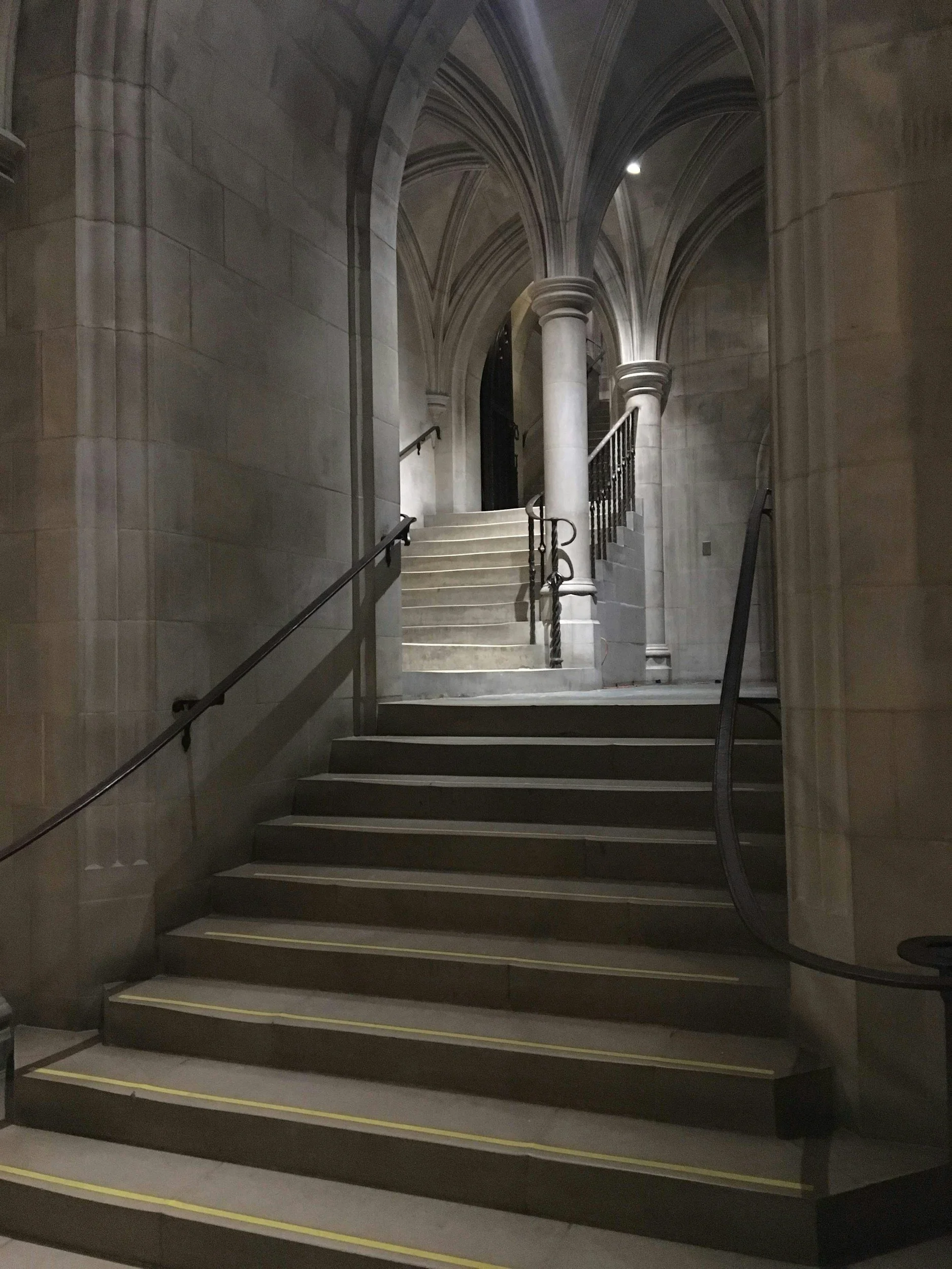 A staircase with steps leading up to a black door in a stone Gothic architecture setting, with archways and columns, illuminated by soft lighting.