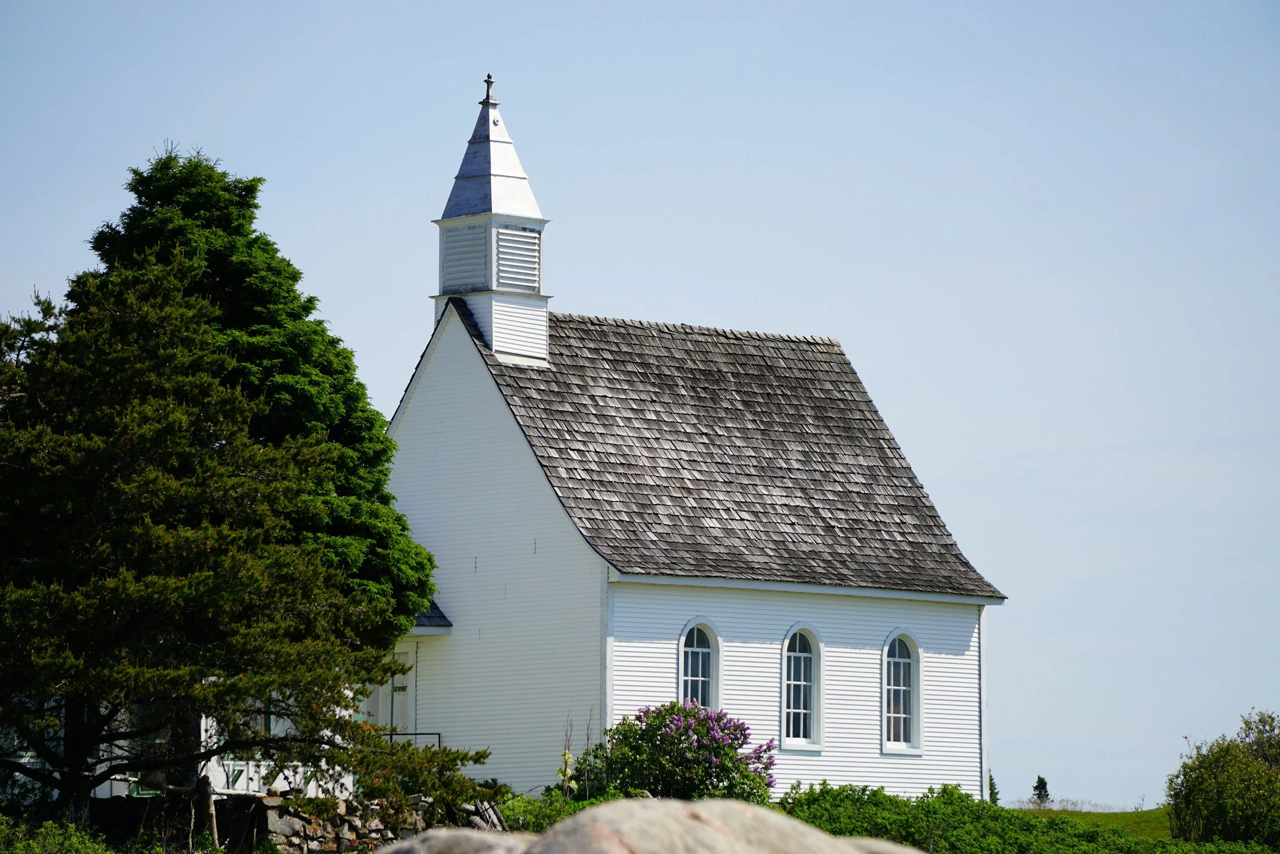 A white church with a tall steeple featuring a clock, surrounded by trees and flowering bushes, under a clear blue sky.