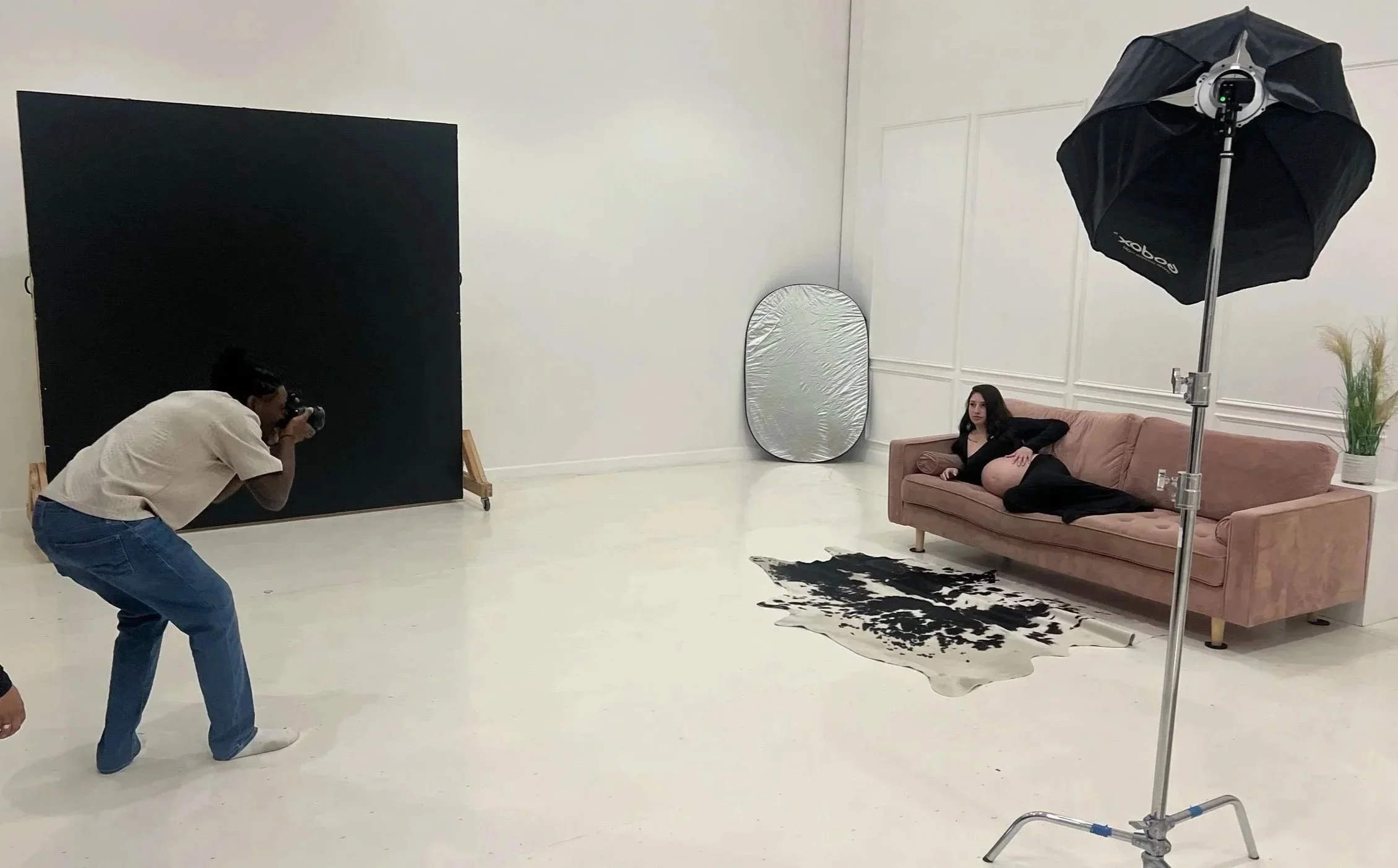 Photographer taking a portrait of a woman lying on a pink sofa in a photo studio. Studio equipment includes a large softbox light, a black backdrop on wheels, and a silver reflector. There is a cowhide rug on the white floor and some decorative plants.