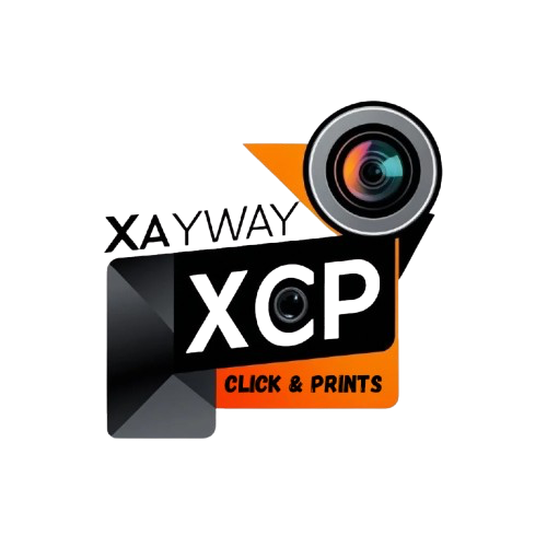 Logo for XAYWAY XCP with a camera lens, camera flash, and text 'CLICK & PRINTS' in orange.