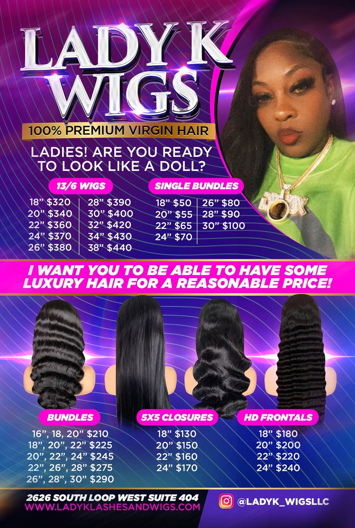 Custom 4x6 Wig Price List Graphic Design – Beauty & Hair Extension Branding in Houston, TX