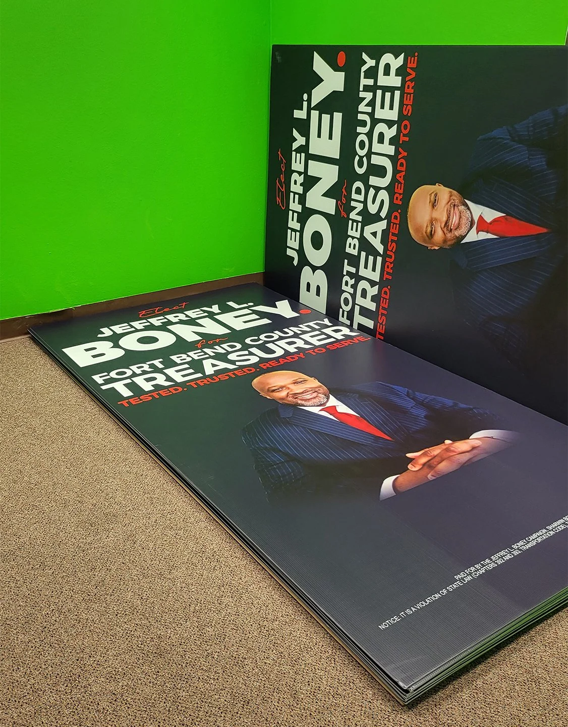 4x8 foot Heavy Duty Coroplast Signs – Political Campaign Sign printed in Houston, TX