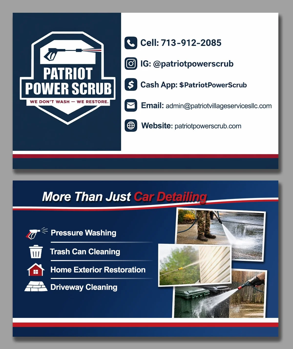 Custom Business Card Layout & Graphic Design – Power Washing & Contractor Branding in Houston, TX