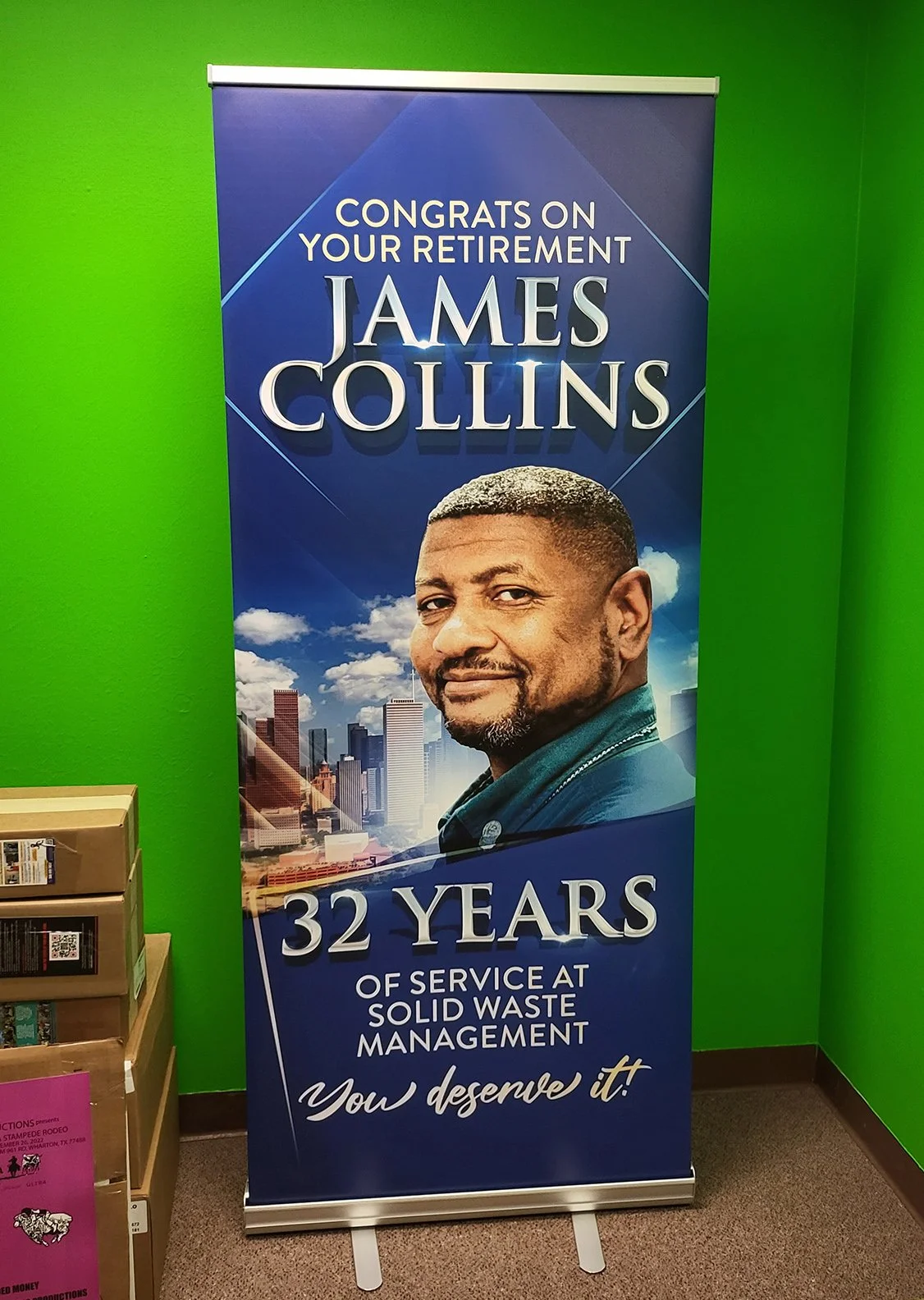 33.5"x80" Retractable Banner – Retirement & Special Event Display Printed in Houston, TX