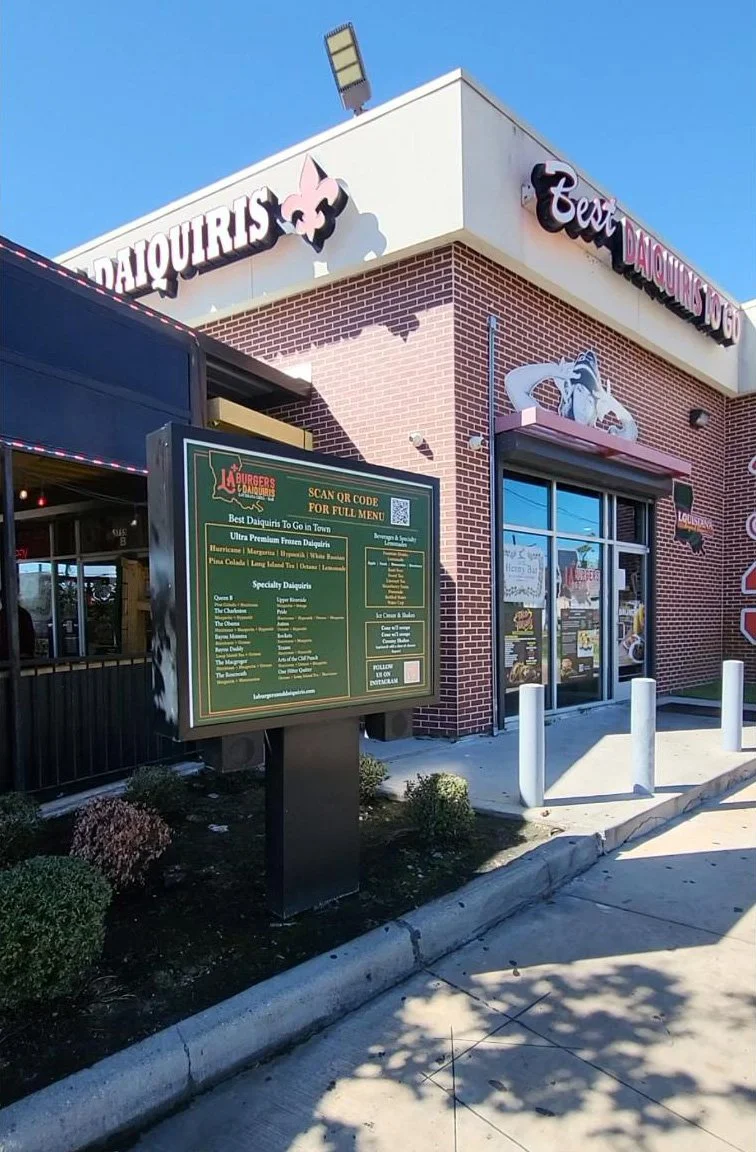 Completed Exterior Commercial Drive-Through Restaurant Menu Board & Signage Decal Installation – Mounted in Houston, TX