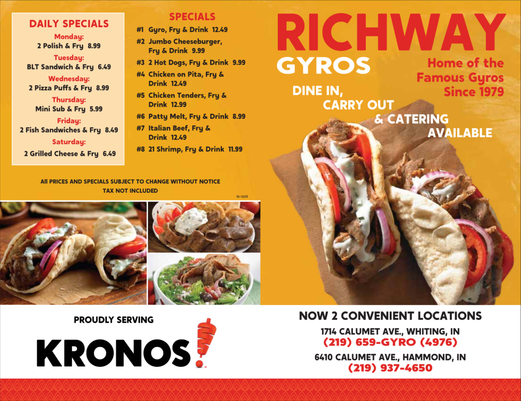 Restaurant flyer for Richway Gyros, featuring local business info, daily specials, and a large image of a gyro sandwich with grilled meat, vegetables, and sauces.