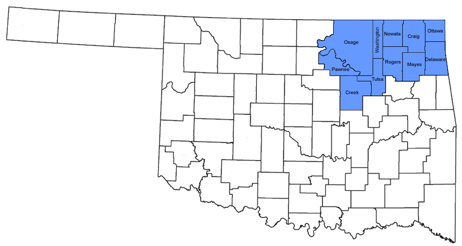 Map of Oklahoma with counties in the northeastern region highlighted in blue, including Osage, Pawnee, Washington, Nowata, Craig, Ottawa, Rogers, Mayes, Tulsa, and Creek counties.