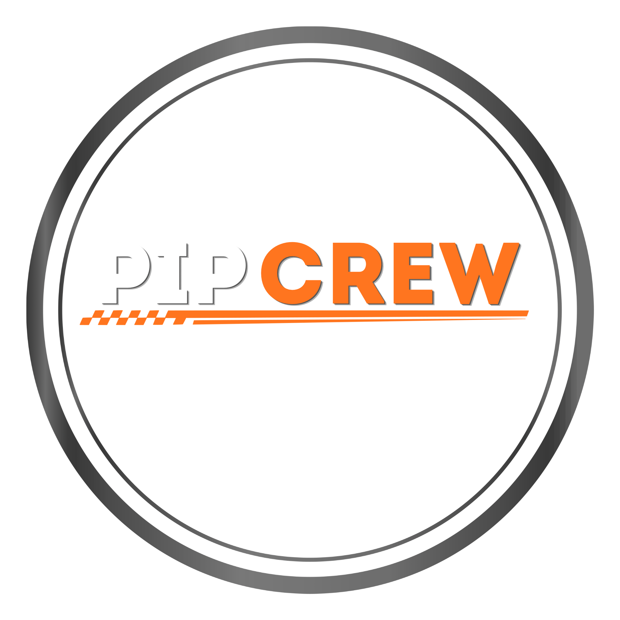 Logo for Pip Crew, a rubber flooring specialist, with black background, white and orange text, and circular gray border.