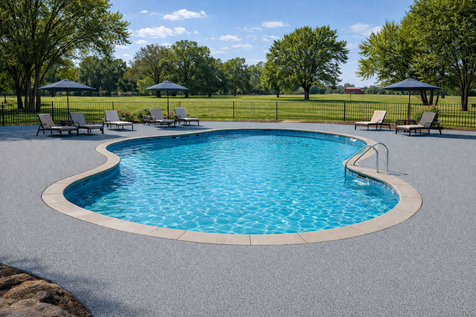 An outdoor swimming pool surrounded by lounge chairs with umbrellas, set in a grassy park with trees and a fence, on a sunny day.