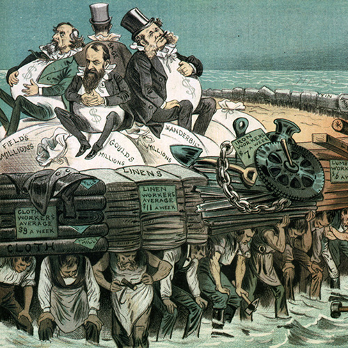 Cartoon illustration depicting wealthy men sitting on a pile of money with chains and wheels, overlooking a group of impoverished workers below.