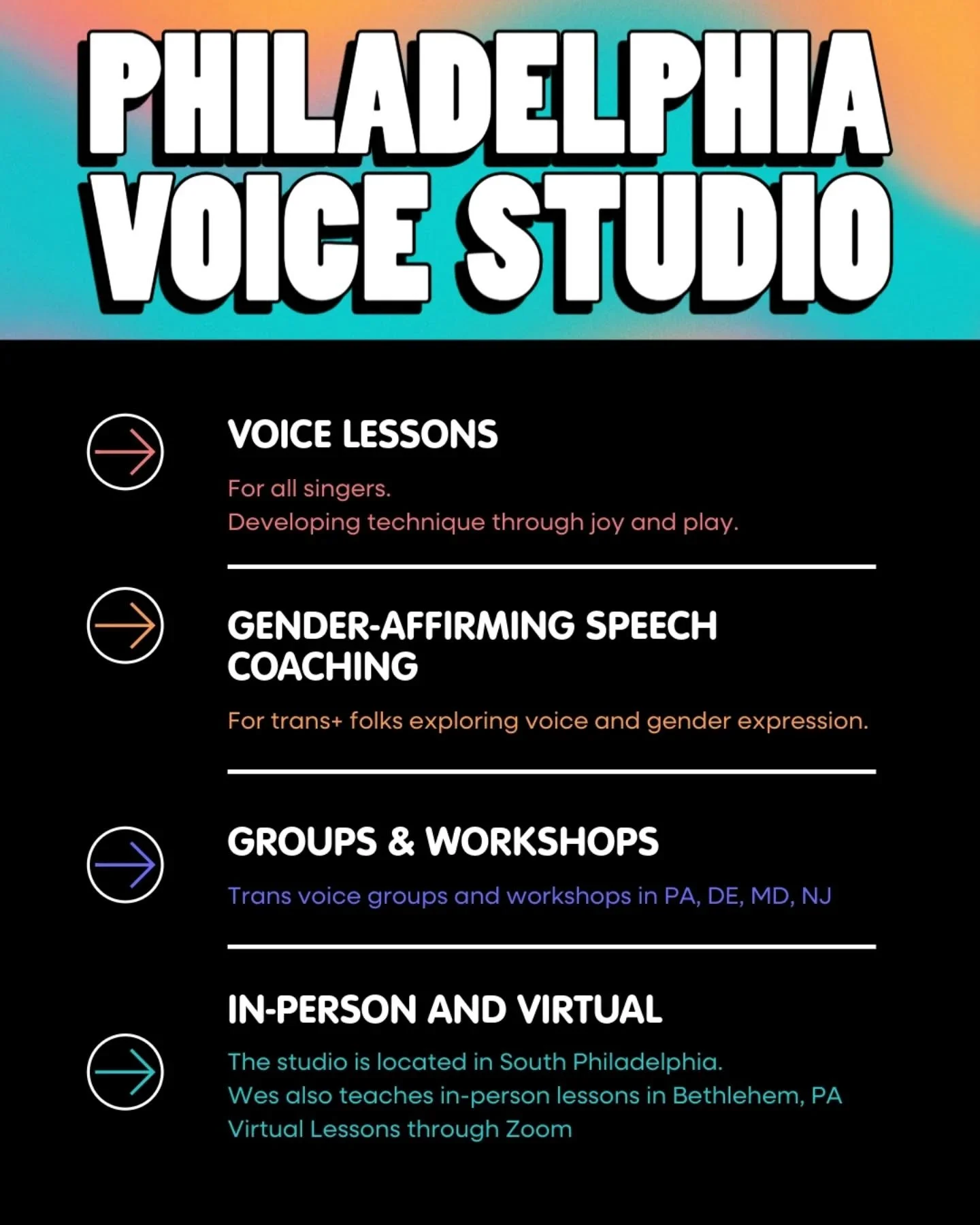 Philadelphia Voice Studio is in South Philadelphia. Virtual lessons and groups are available.

#voicelessonsphiladelphia #voicelessonsonline #transvoicetraining #voicelessonsphilly