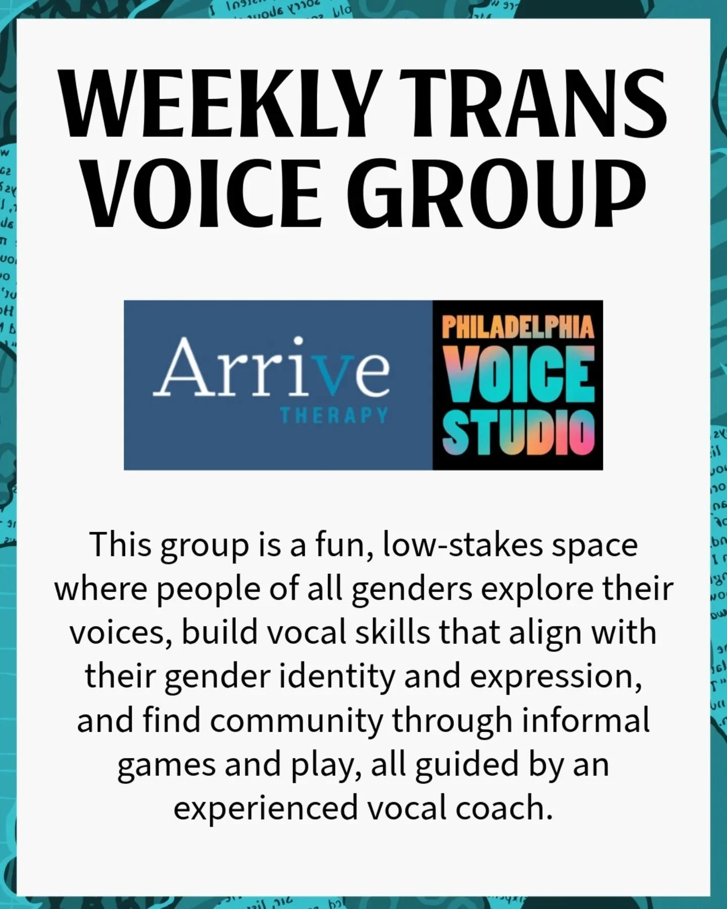 Led by Wes Harris and hosted by Arrive Therapy, this weekly, VIRTUAL group is for folks of all genders.

Tuesdays at 7pm.

You don't have to be based in PA for this one. Sign on virtually from wherever you are!

Explore your voice and build vocal ski