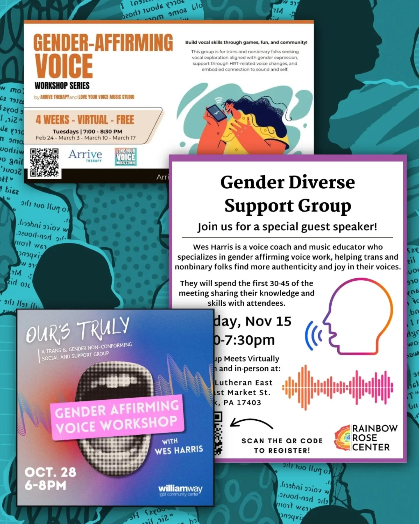 Wes regularly offers free and low-cost workshops and short courses in PA, NJ, MD, DE, and NY.

Wes also runs a recurring weekly group for people of all genders to explore their speaking voices, and build vocal skills. 

Check out philadelphiavoicestu