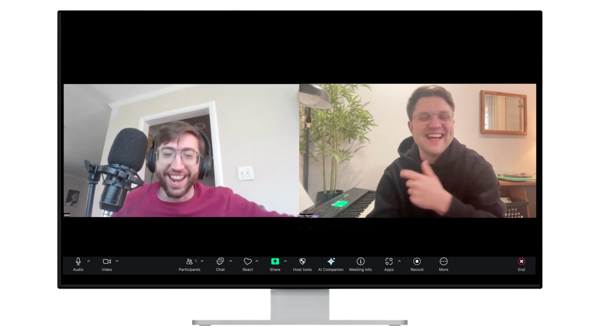 Screenshot of a video call featuring two singers, doing singing exercises and smiling and laughing joyfully.