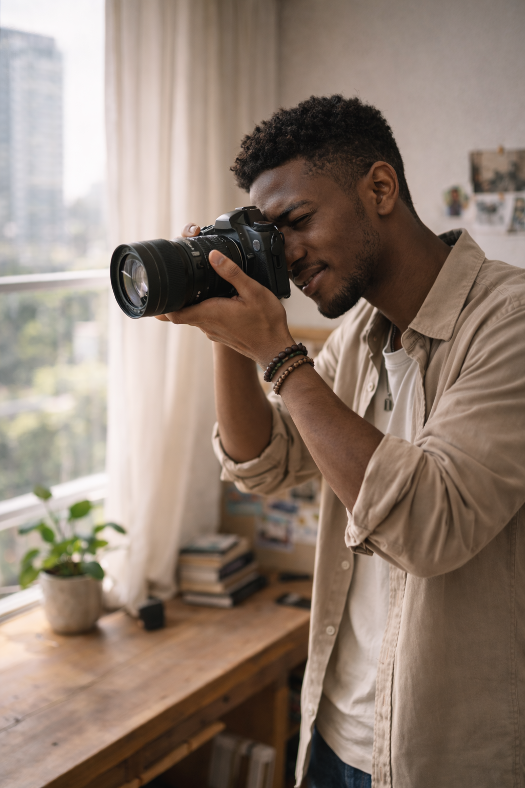 A young man with curly hair and a beard holding a camera to his eye, aiming to take a photo indoors near a window, with a wooden desk and a potted plant in the background.
