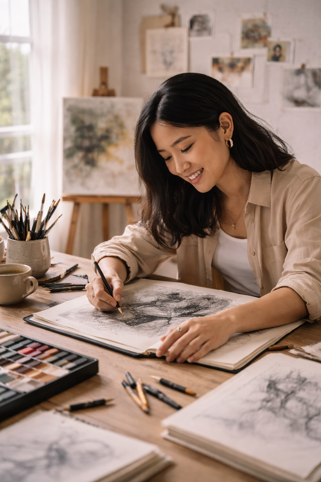 A woman drawing in a sketchbook at a wooden table with art supplies, smiling in a sunlit art studio decorated with paintings and photographs.