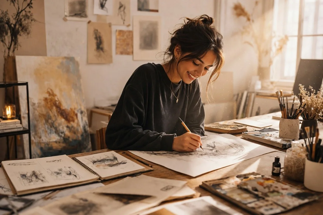Young woman smiling while drawing at an art studio filled with paintings and art supplies.