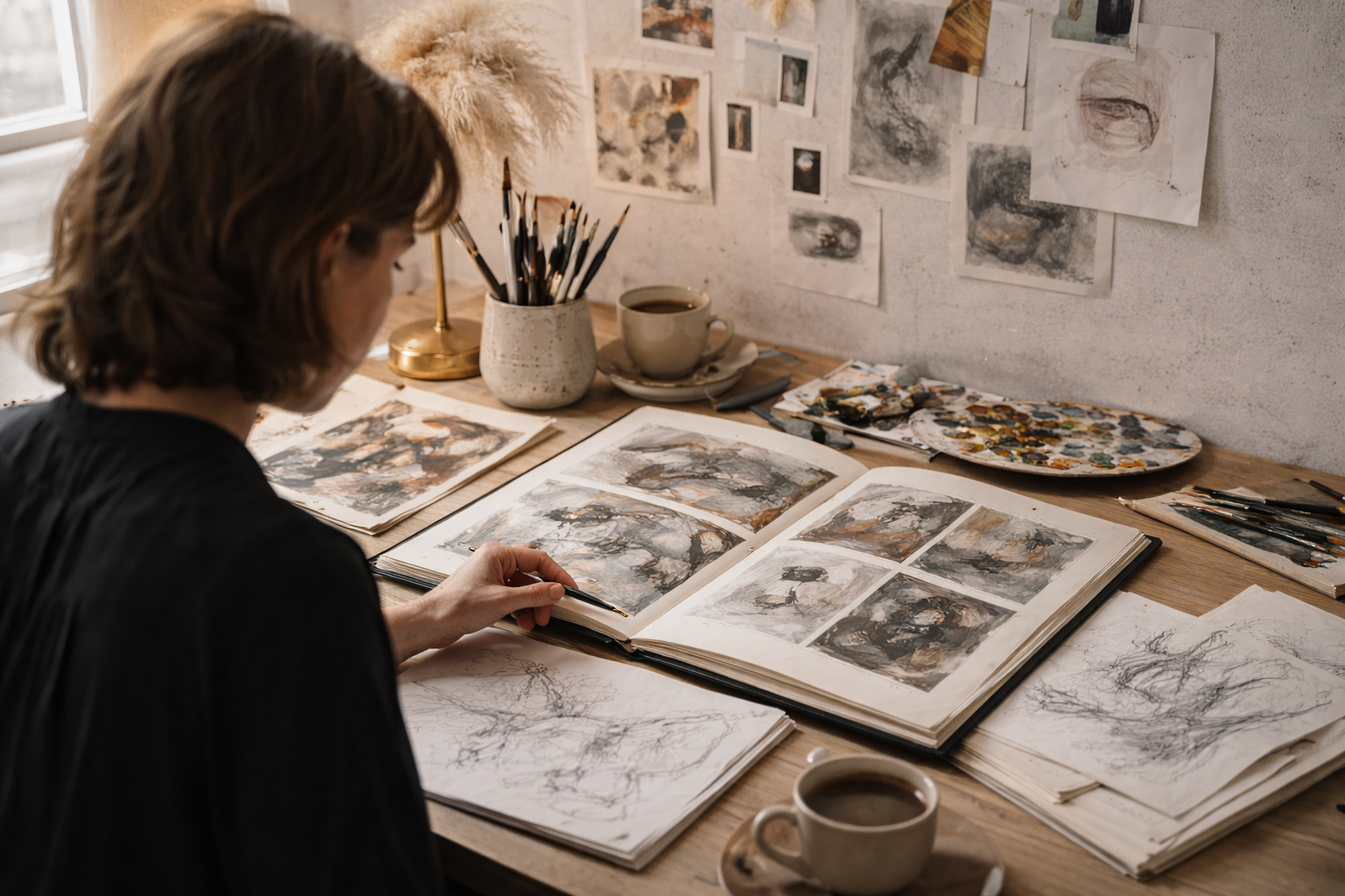 An artist sitting at a wooden desk, reviewing watercolor paintings in an art portfolio, surrounded by sketches, paint brushes, palettes, and a cup of coffee in a cozy, well-lit art studio.