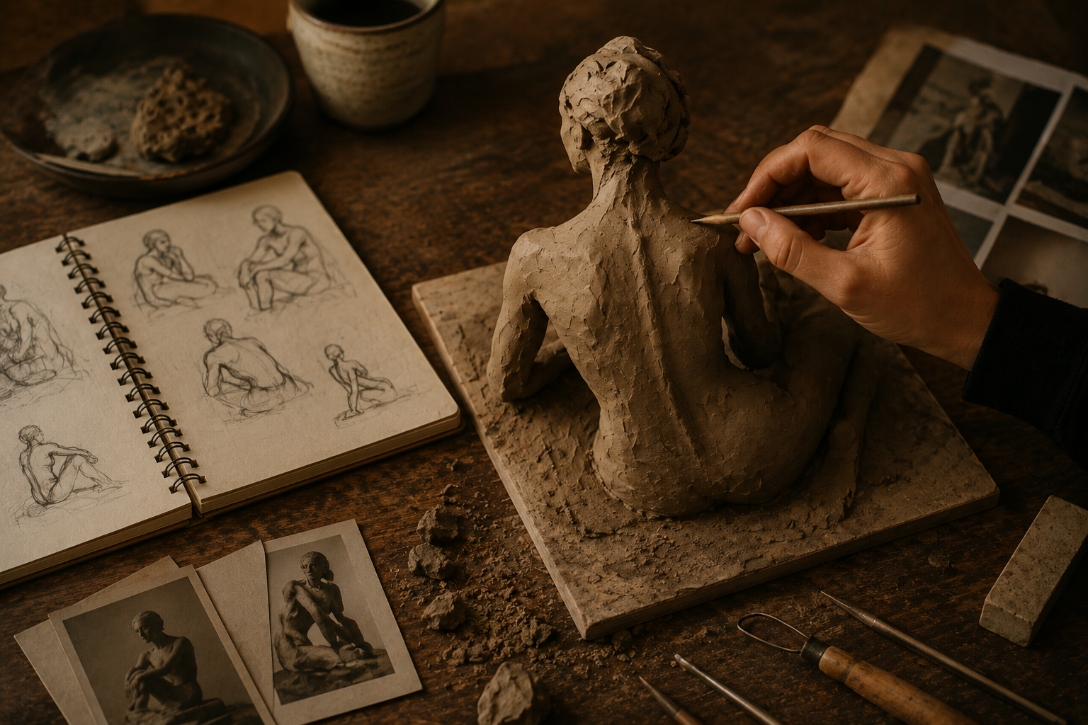 An artist sculpting a clay figure of a seated woman, with sketches of the figure in a sketchbook nearby.