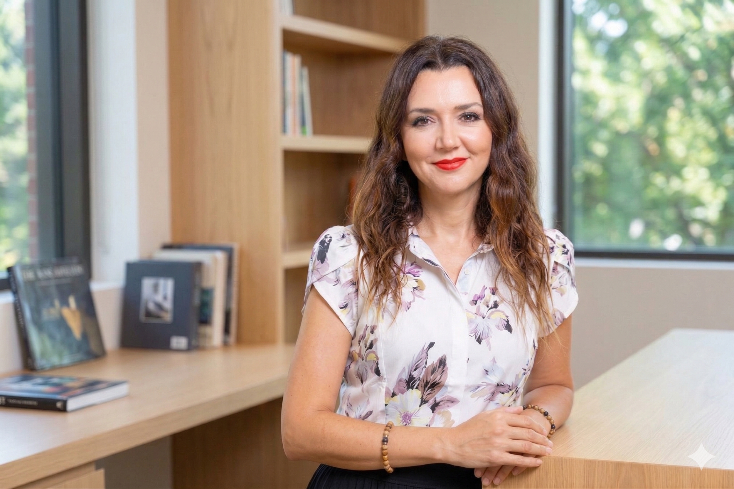 A woman with long, wavy brown hair and red lipstick standing in an office with a wooden bookshelf and large window with green trees outside.