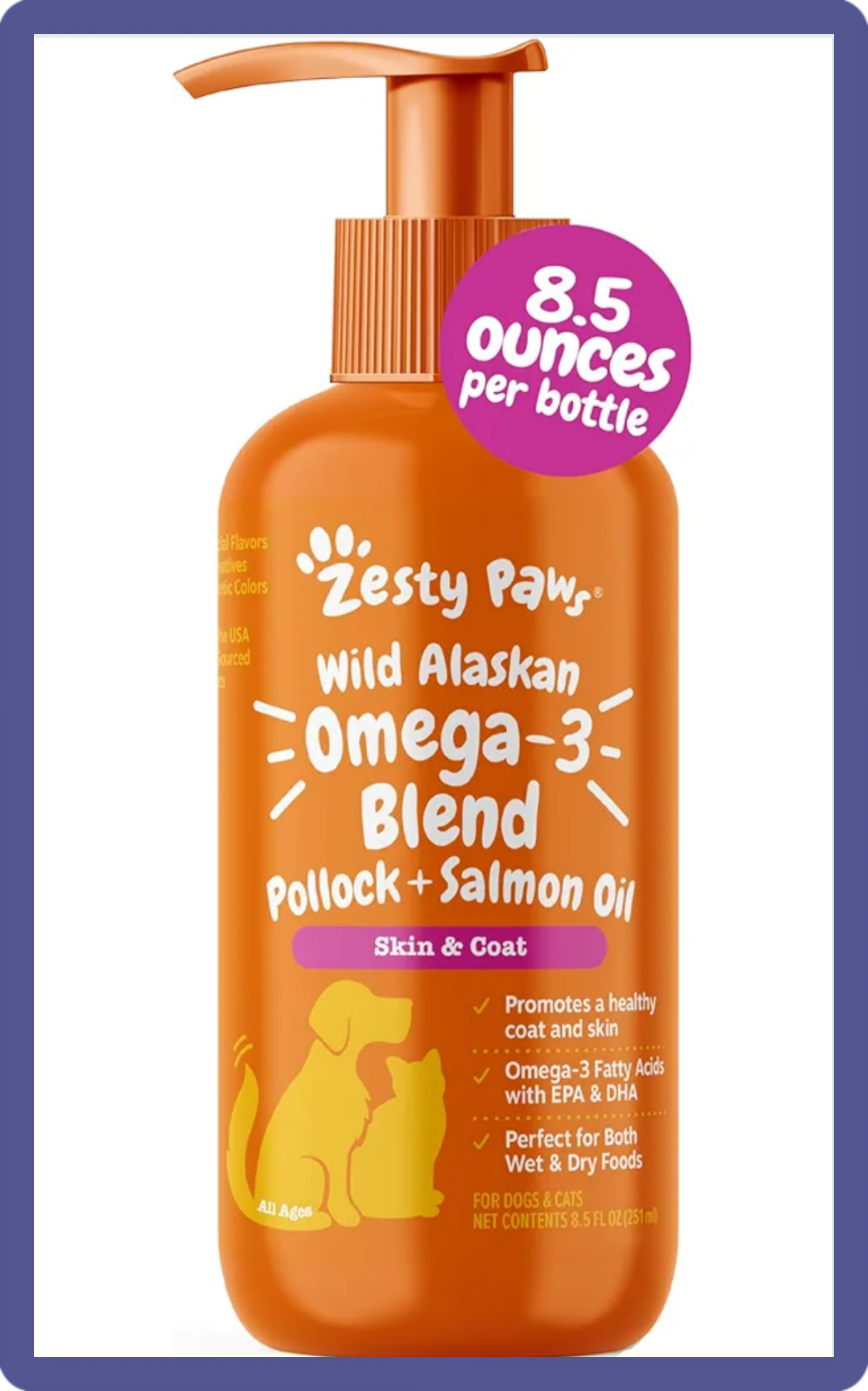 Zesty Paws Wild Alaskan Omega-3 Blend Pollock and Salmon Oil pump bottle for dogs and cats.