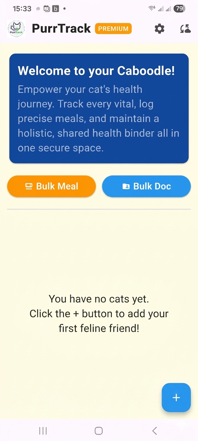 Blank home dashboard on the PurrTrack cat health tracking app showing the add cat button.