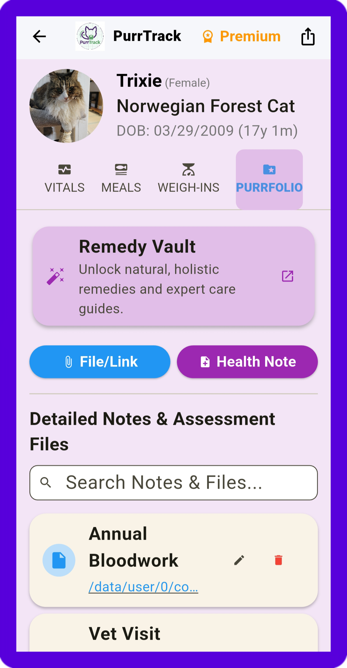 Purple PurrFolio premium feature screen on the PurrTrack app showing holistic document storage and custom notes for feline health.