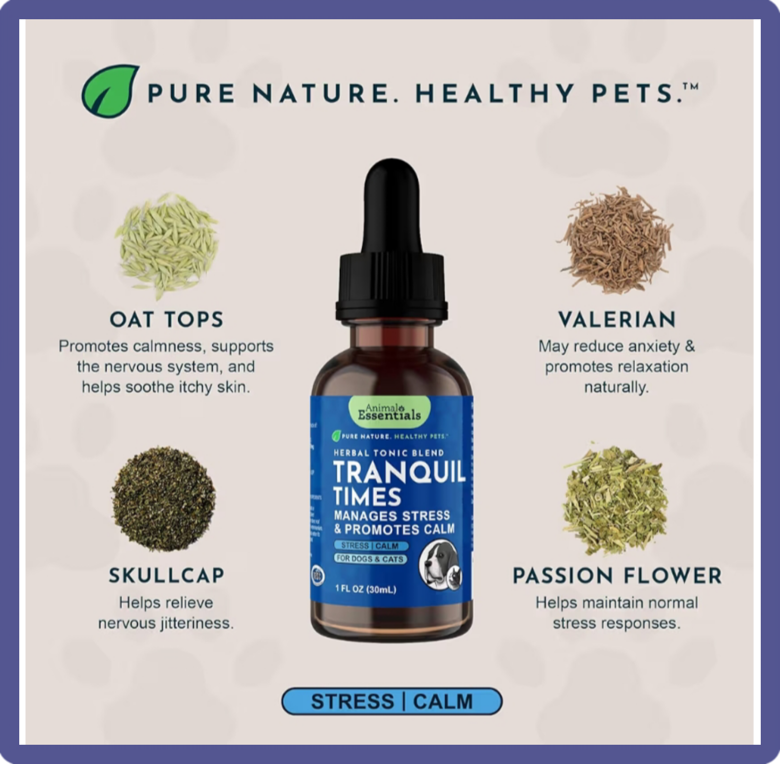 A bottle of Animal Essentials Tranquil Times liquid herbal extract, a natural calming remedy for cats featuring valerian root and skullcap.