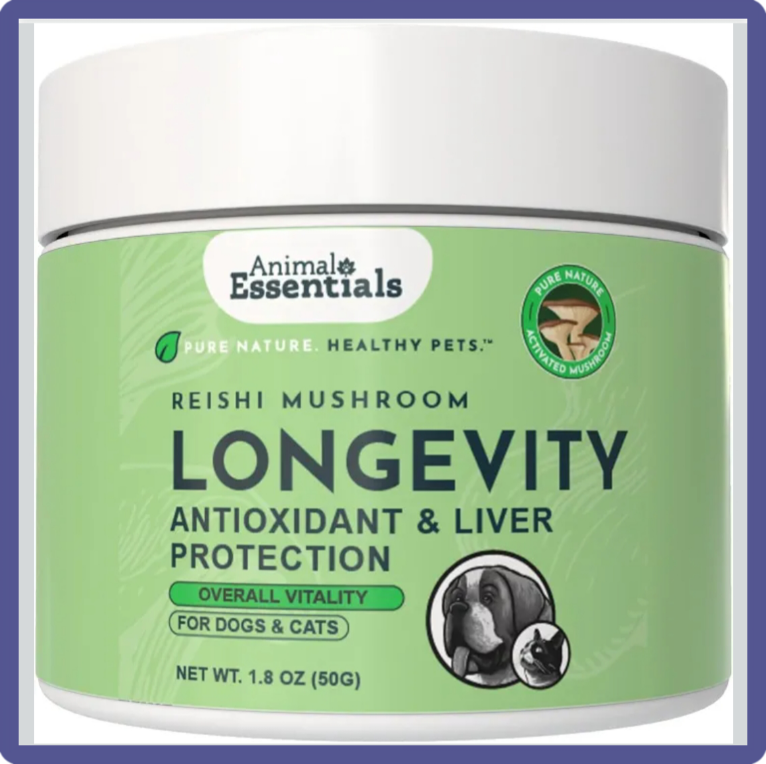 A jar of Animal Essentials Longevity Reishi Mushroom Powder for holistic pet immune support.