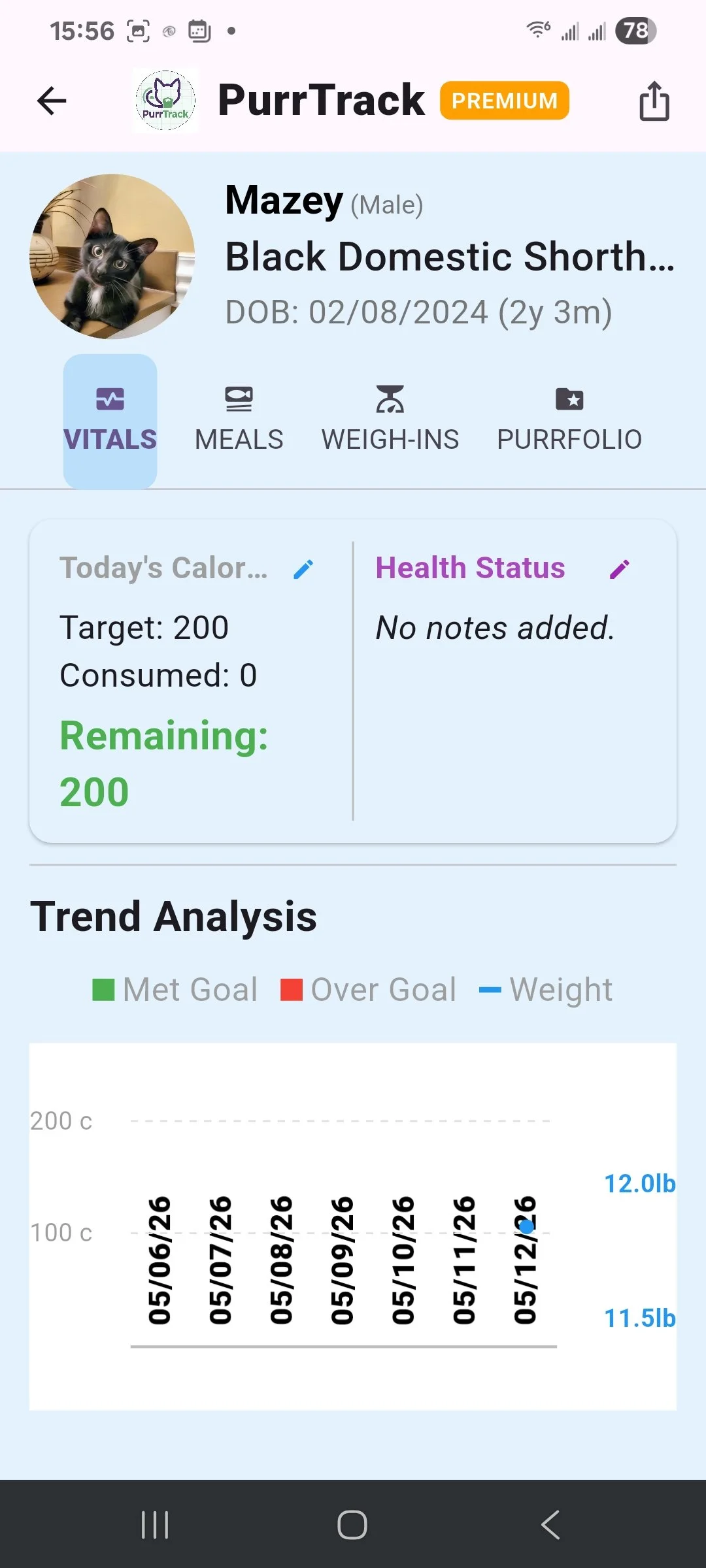 PurrTrack app cat profile screen showing color-coded tabs for Vitals, Meals, Weigh-Ins, and PurrFolio.
