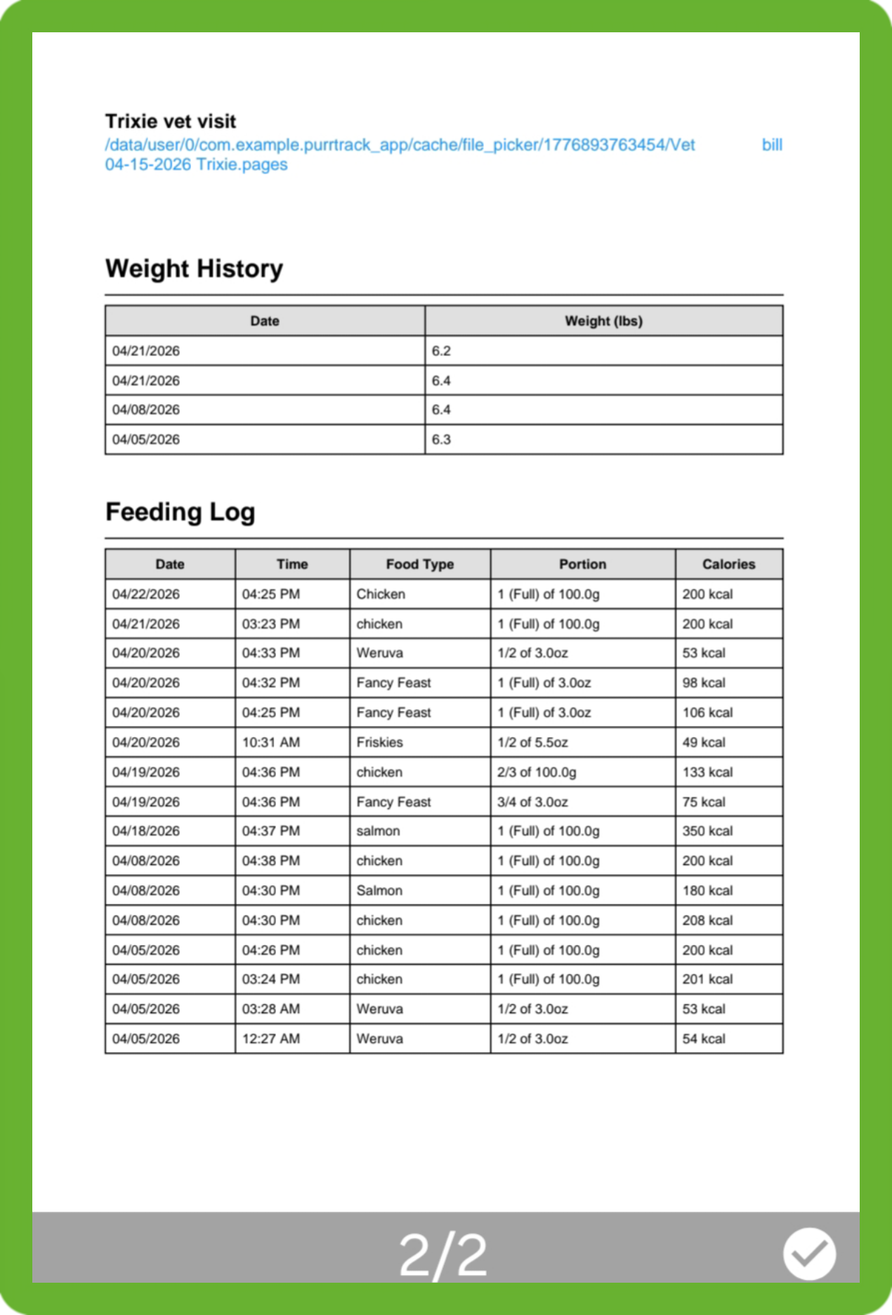 age two of a PurrTrack PDF Health Summary Report detailing a comprehensive daily feeding and weight log.