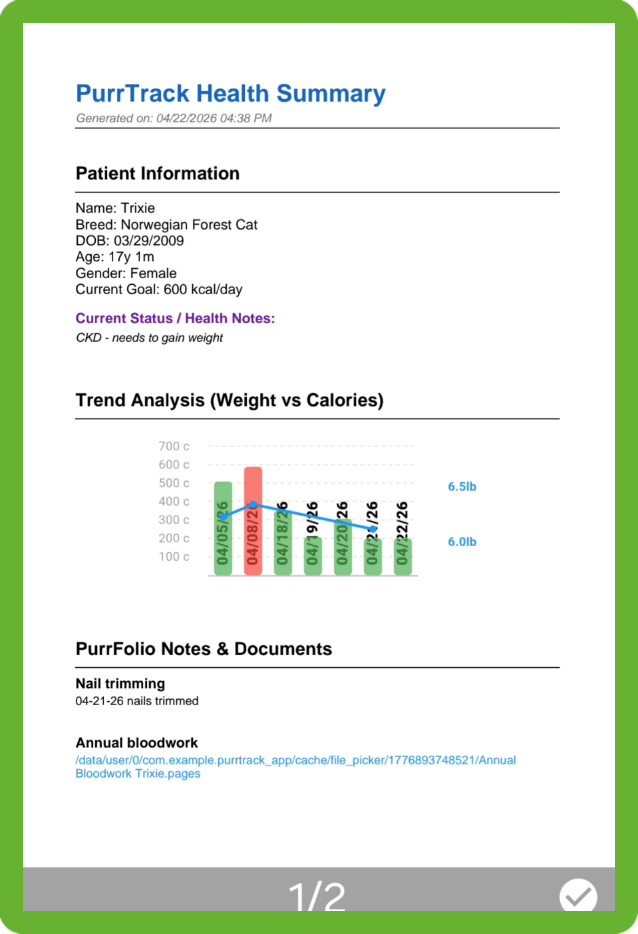Page one of a PurrTrack PDF Health Summary Report displaying a feline weight trend graph, vitals, and personalized user notes.