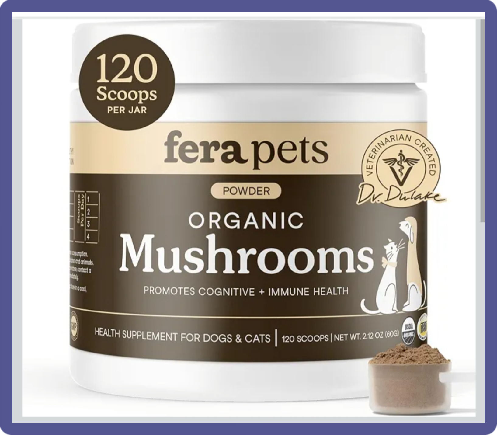 A small jar of Fera Pets USDA Organic Mushroom Blend for Immune Support for cats and dogs.