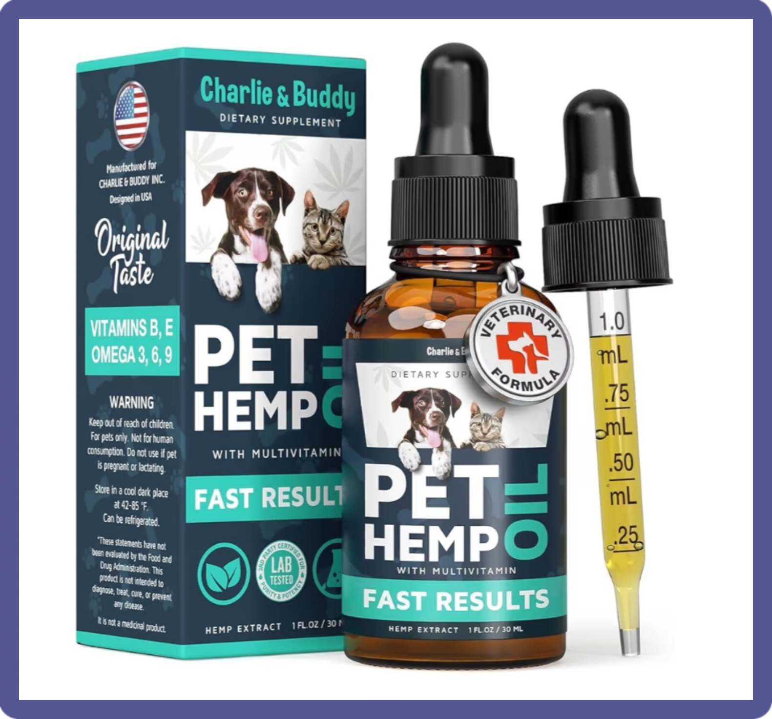 A bottle of Charlie & Buddy organic hemp extract for pets, utilized as a natural, holistic remedy for feline pain relief, joint support, and calming anxiety.