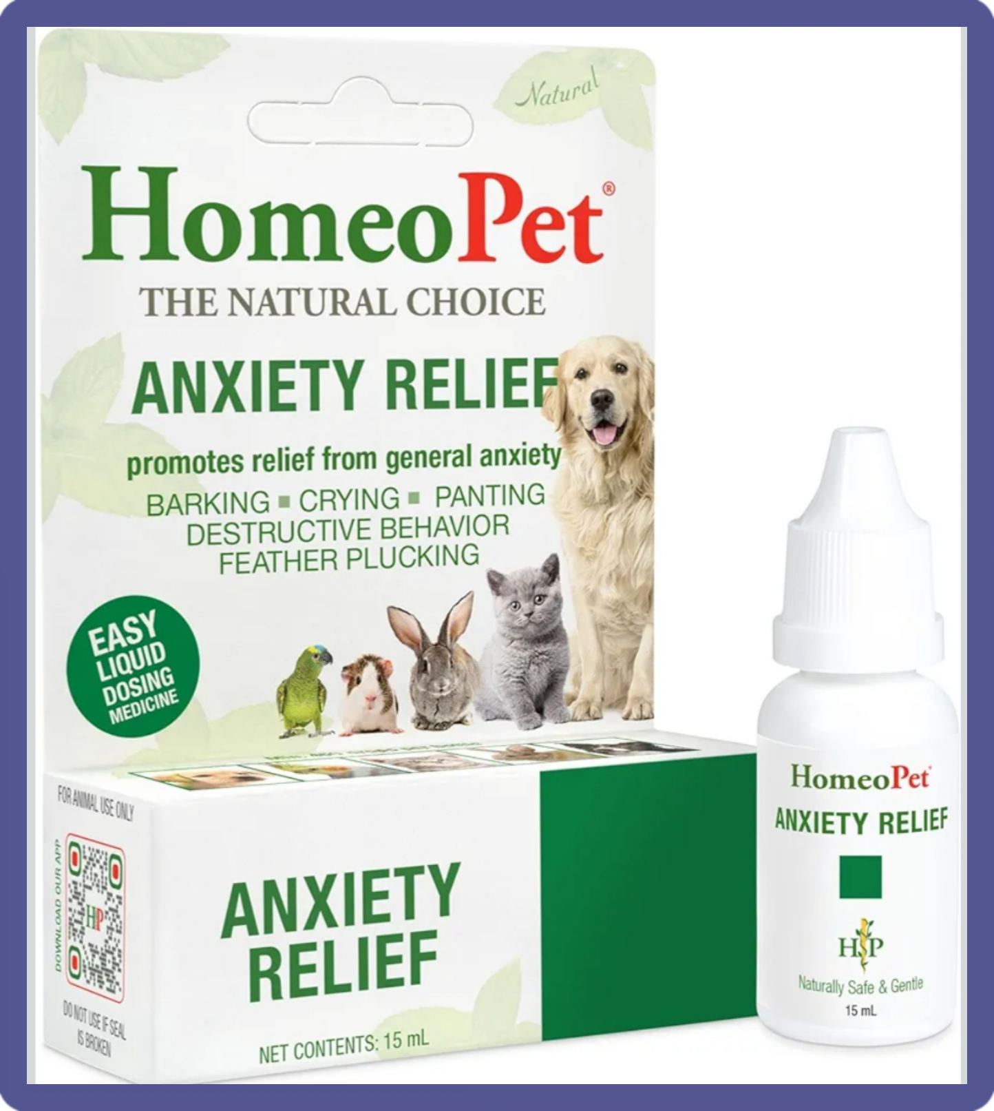 A bottle of HomeoPet Anxiety Relief liquid drops, a natural homeopathic calming remedy used to relieve feline stress, anxiety, and fear of loud noises.