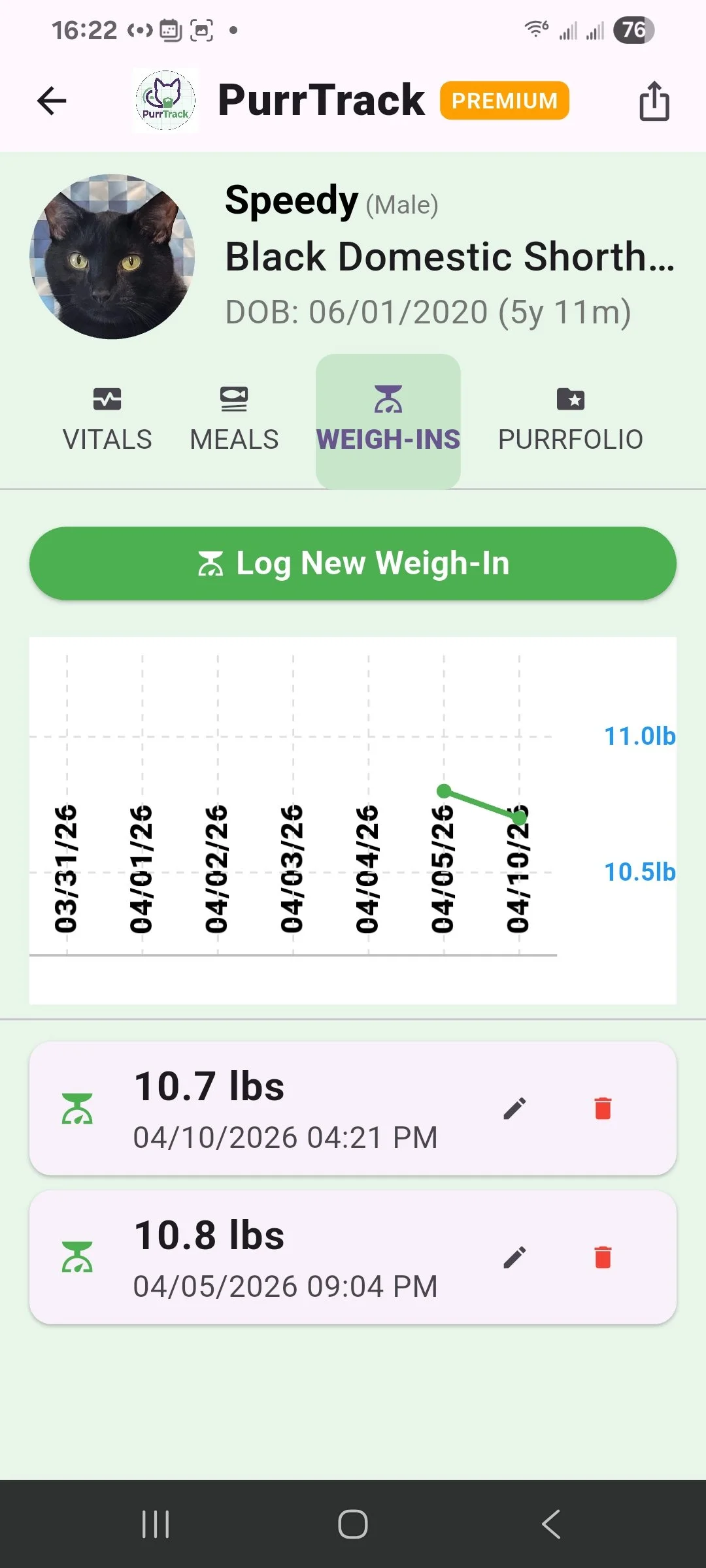 Logging cat weight history and visualizing weight trend lines on the PurrTrack feline tracking app.