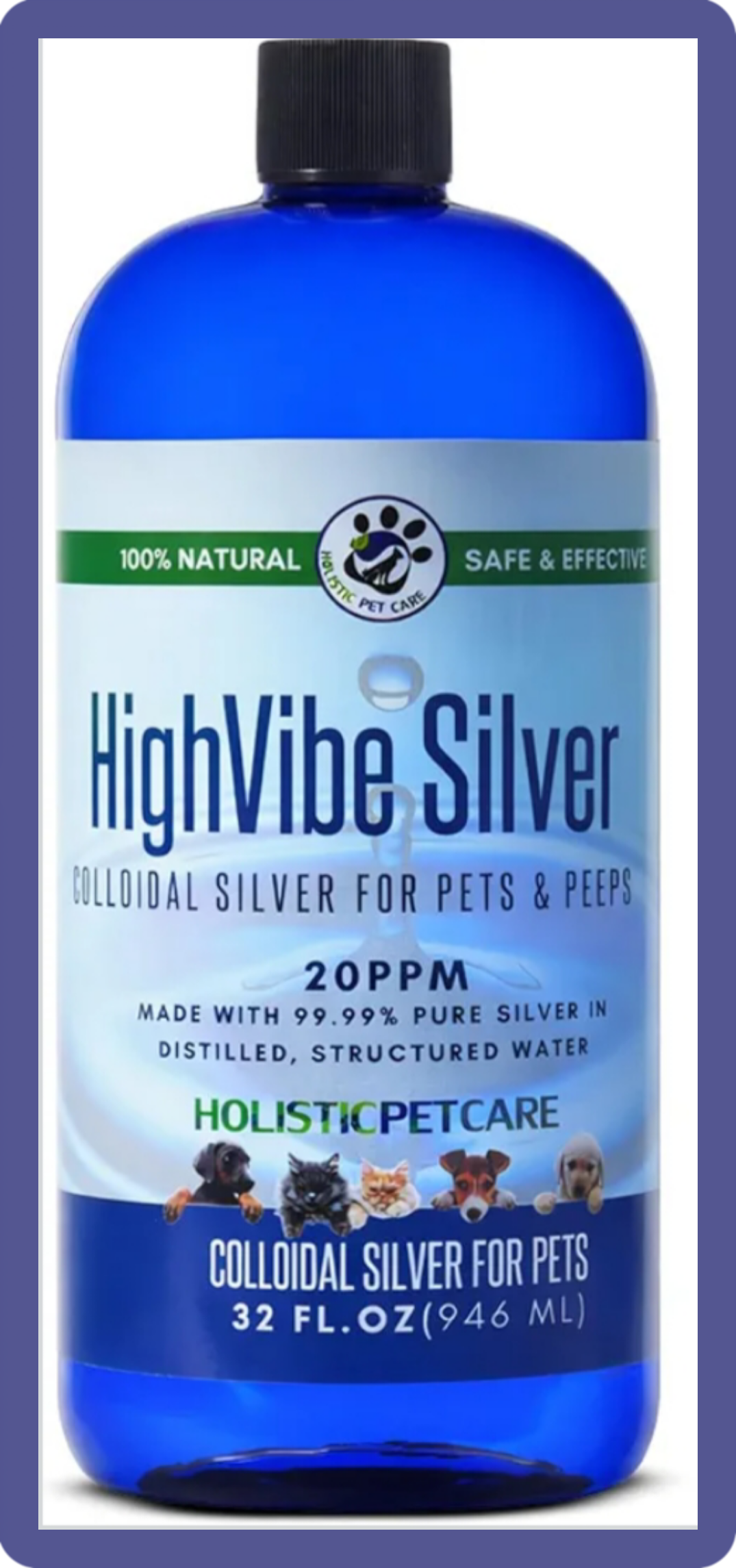 32oz bottle of Holistic Pet Care Colloidal Silver with syringe for dog and cat wound care.