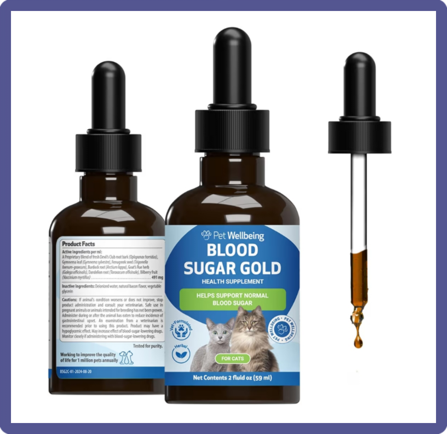 A bottle of Pet Wellbeing Blood Sugar Gold liquid drops, an herbal supplement used to naturally support feline pancreas function and manage cat diabetes symptoms.